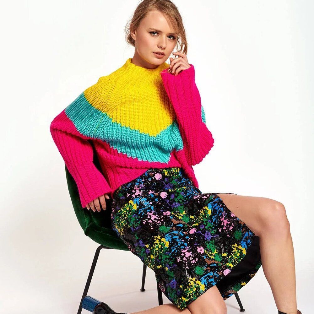 Essentiel Antwerp Rainbow Colorblock Wavinci Sweater Wool Blend Italy 80s Small